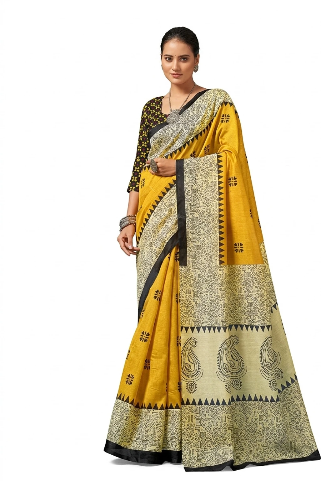Mohar Printed, Paisley Daily Wear Pure Silk Saree (Yellow)