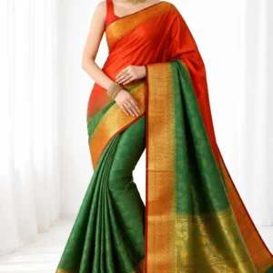 Mohar Woven, Temple Border, Floral Print Banarasi Silk Blend Saree (Multicolor)