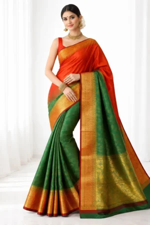 Mohar Woven, Temple Border, Floral Print Banarasi Silk Blend Saree (Multicolor)