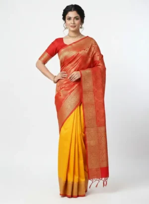 Mohar Self Design Jamdani Organza Saree with Unstitched Blouse (Multicolor)