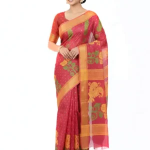 Mohar Self Design Jamdani Cotton Jute Saree (Orange)