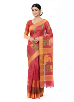 Mohar Self Design Jamdani Cotton Jute Saree (Orange)