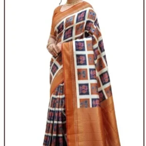Mohar Printed, Blocked Printed, Checkered Handloom Pure Silk Saree (Brown)
