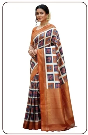 Mohar Printed, Blocked Printed, Checkered Handloom Pure Silk Saree (Brown)