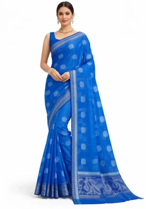 Mohar Woven, Temple Border Banarasi Cotton Blend Saree (Multicolor)