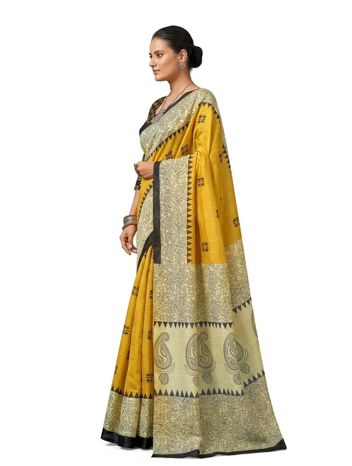 Mohar Printed, Paisley Daily Wear Pure Silk Saree (Yellow) - Image 3