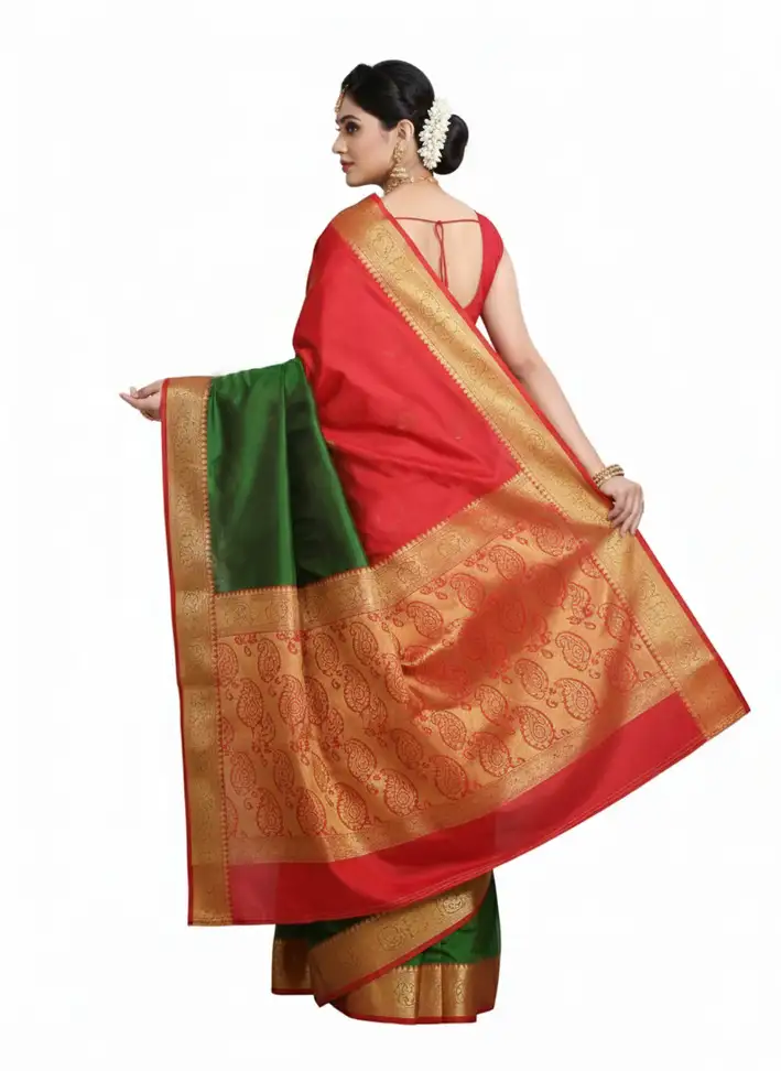 Mohar Self Design Kanjivaram Pure Silk Saree with Unstitched Blouse (Green) - Image 3