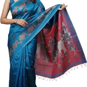 Mohar Printed, Hand Painted Kalamkari Silk Blend Saree (Blue)