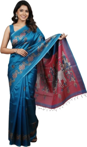 Mohar Printed, Hand Painted Kalamkari Silk Blend Saree (Blue)