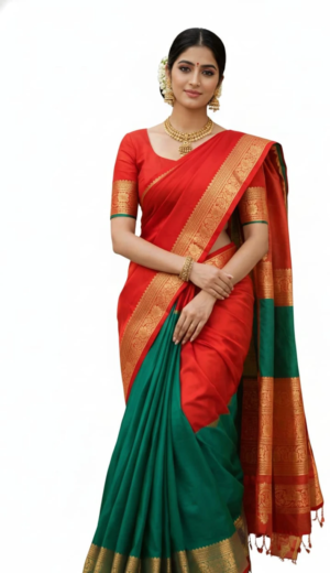 Mohar Woven, Temple Border Kanjivaram Pure Silk Saree (Multicolor)
