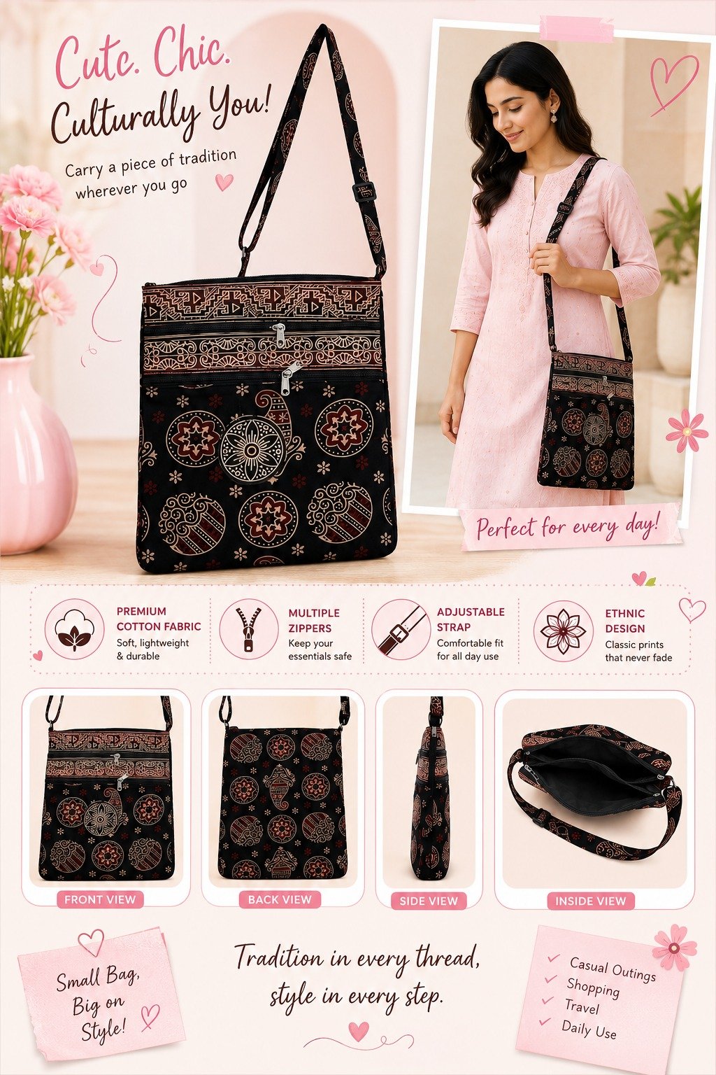 Mohar Premium Ethnic Sling Bag - Premium Quality Cotton Fabric - Image 4