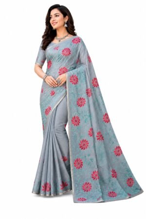 Pure Cotton Grey Kantha Stitch Embroidered Saree