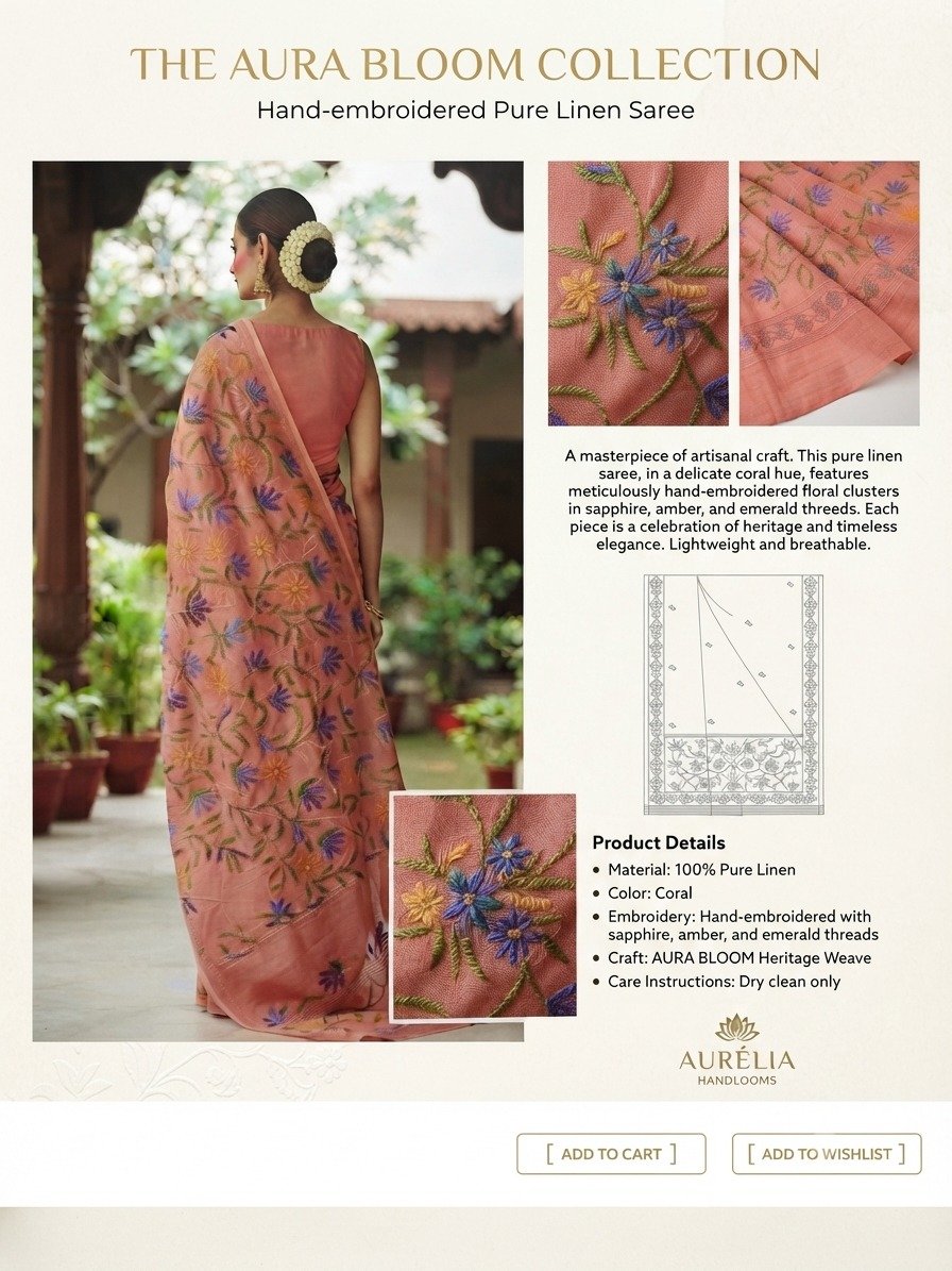 Aura Bloom Collection – Hand-Embroidered Pure Linen Saree - Image 4