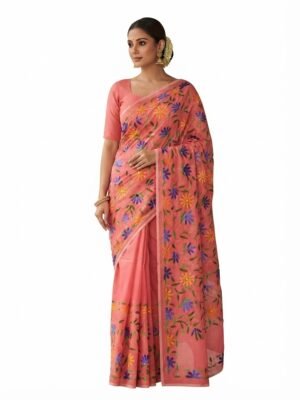 Aura Bloom Collection – Hand-Embroidered Pure Linen Saree
