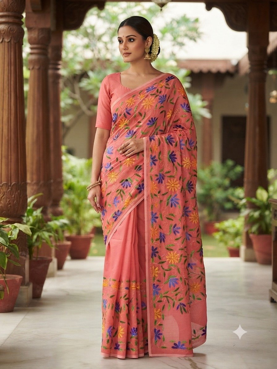 Aura Bloom Collection – Hand-Embroidered Pure Linen Saree - Image 3