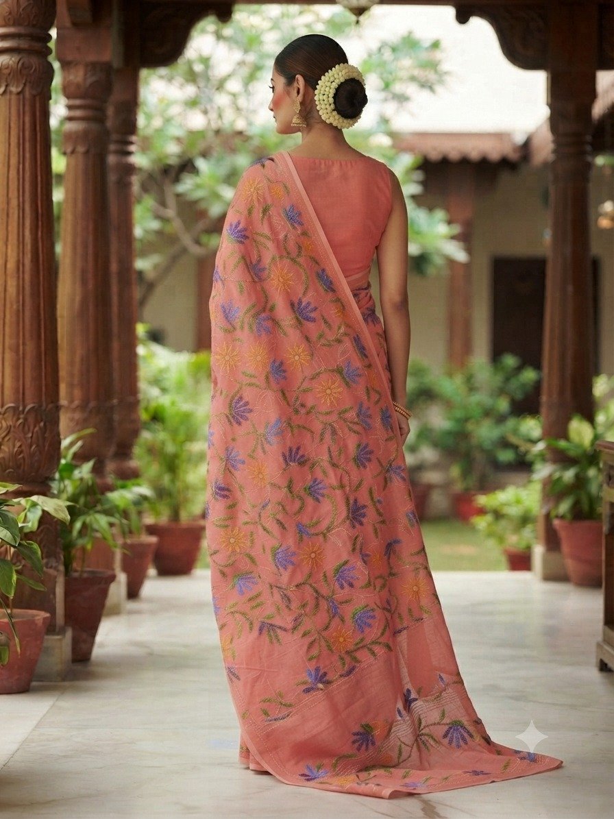 Aura Bloom Collection – Hand-Embroidered Pure Linen Saree - Image 2