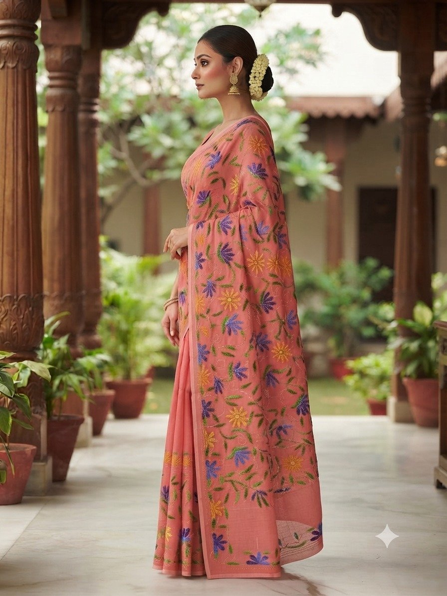 Aura Bloom Collection – Hand-Embroidered Pure Linen Saree