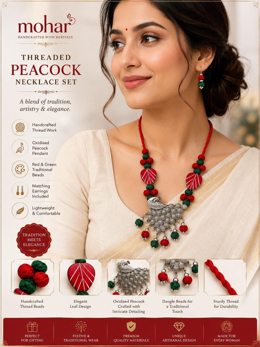 Threaded Peacock Necklace Set - Image 4