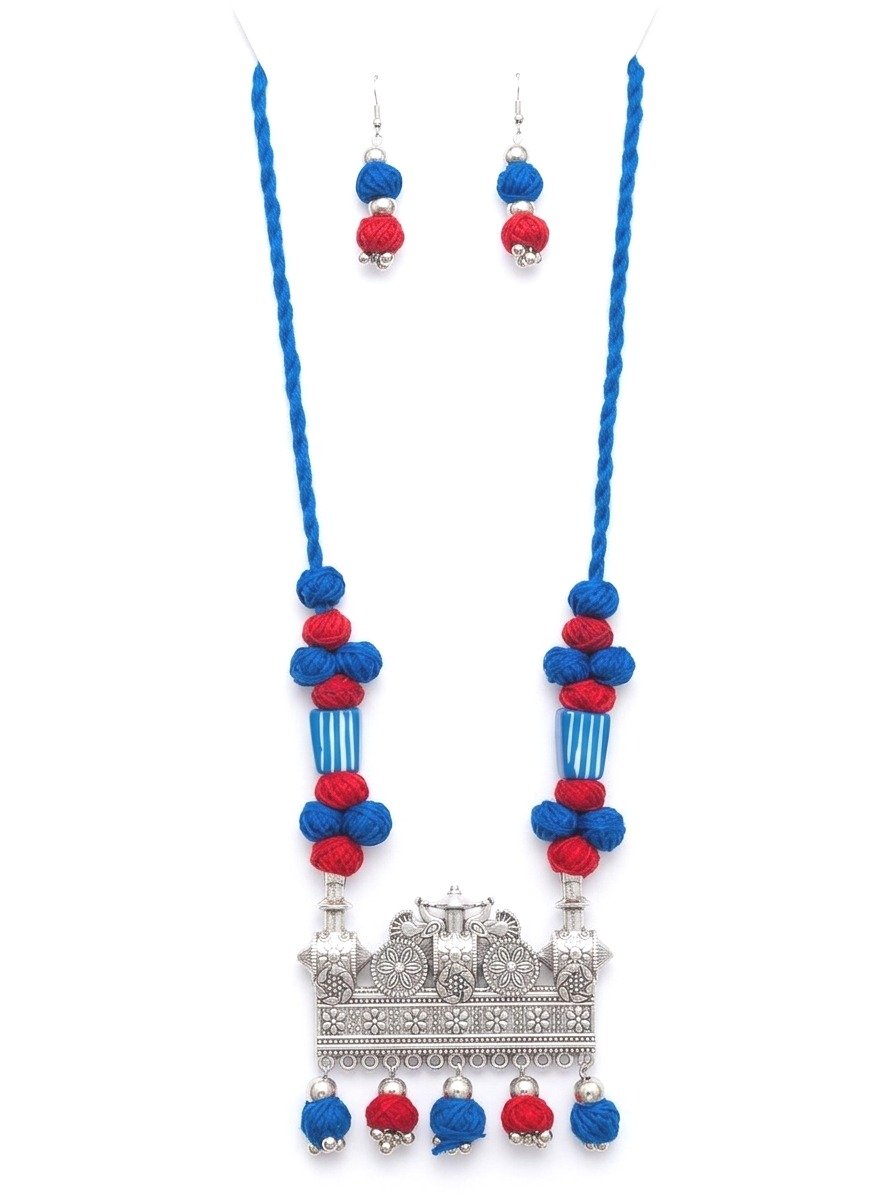 Handmade Thread Necklace Set – Royal Blue & Red