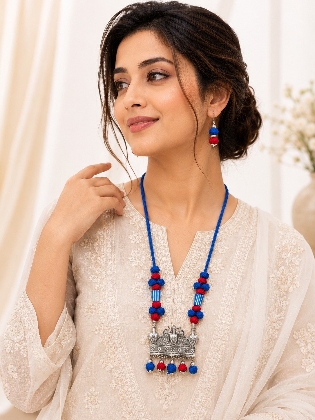 Handmade Thread Necklace Set – Royal Blue & Red