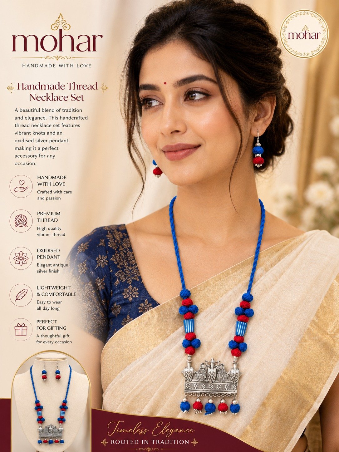 Handmade Thread Necklace Set – Royal Blue & Red - Image 4