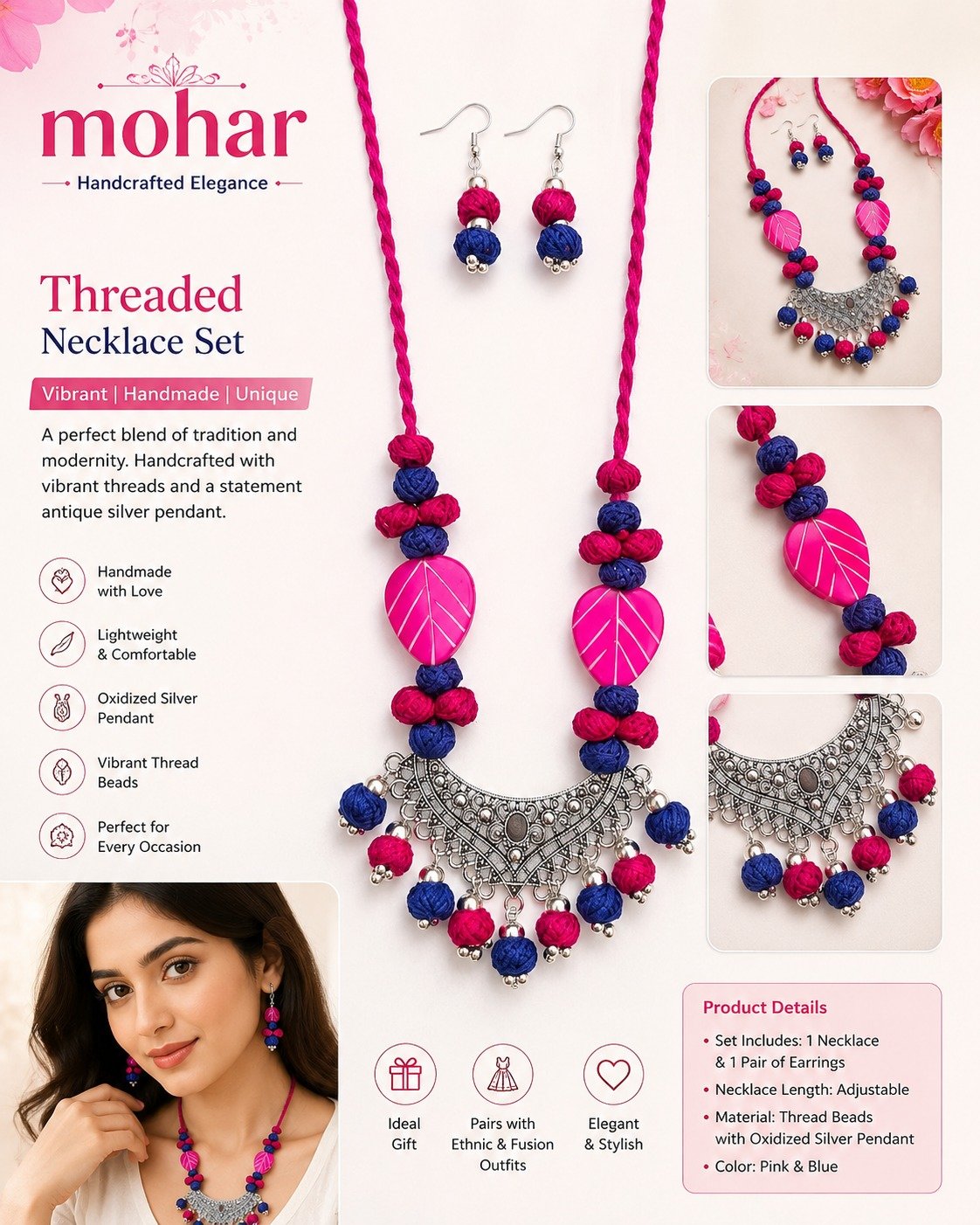Threaded Necklace Set – Pink & Blue