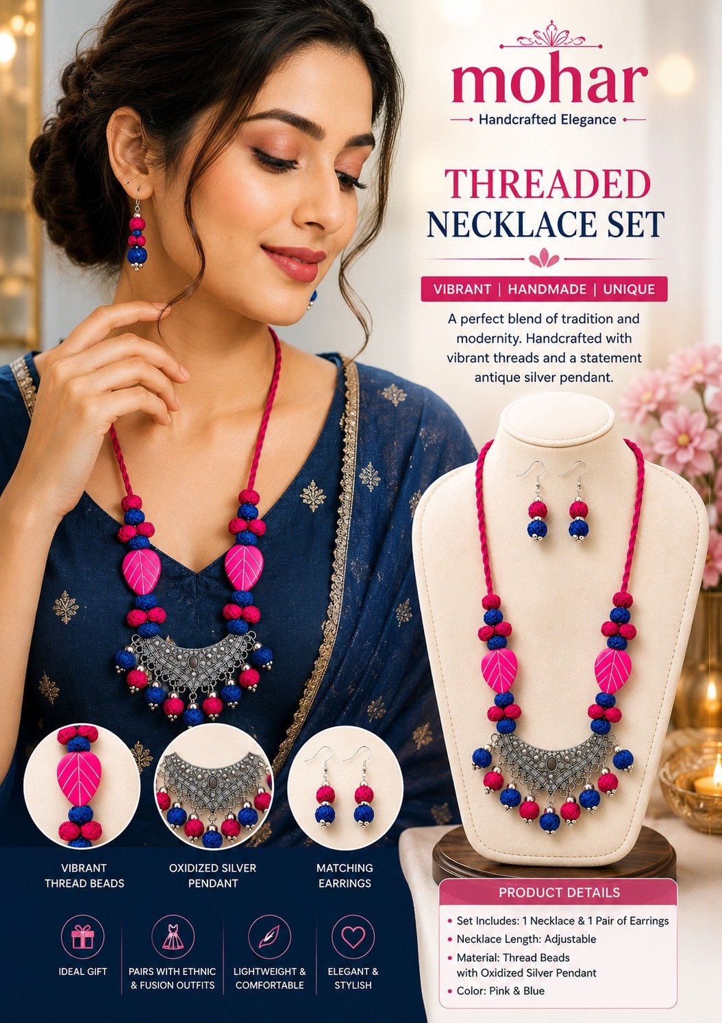 Threaded Necklace Set – Pink & Blue - Image 4