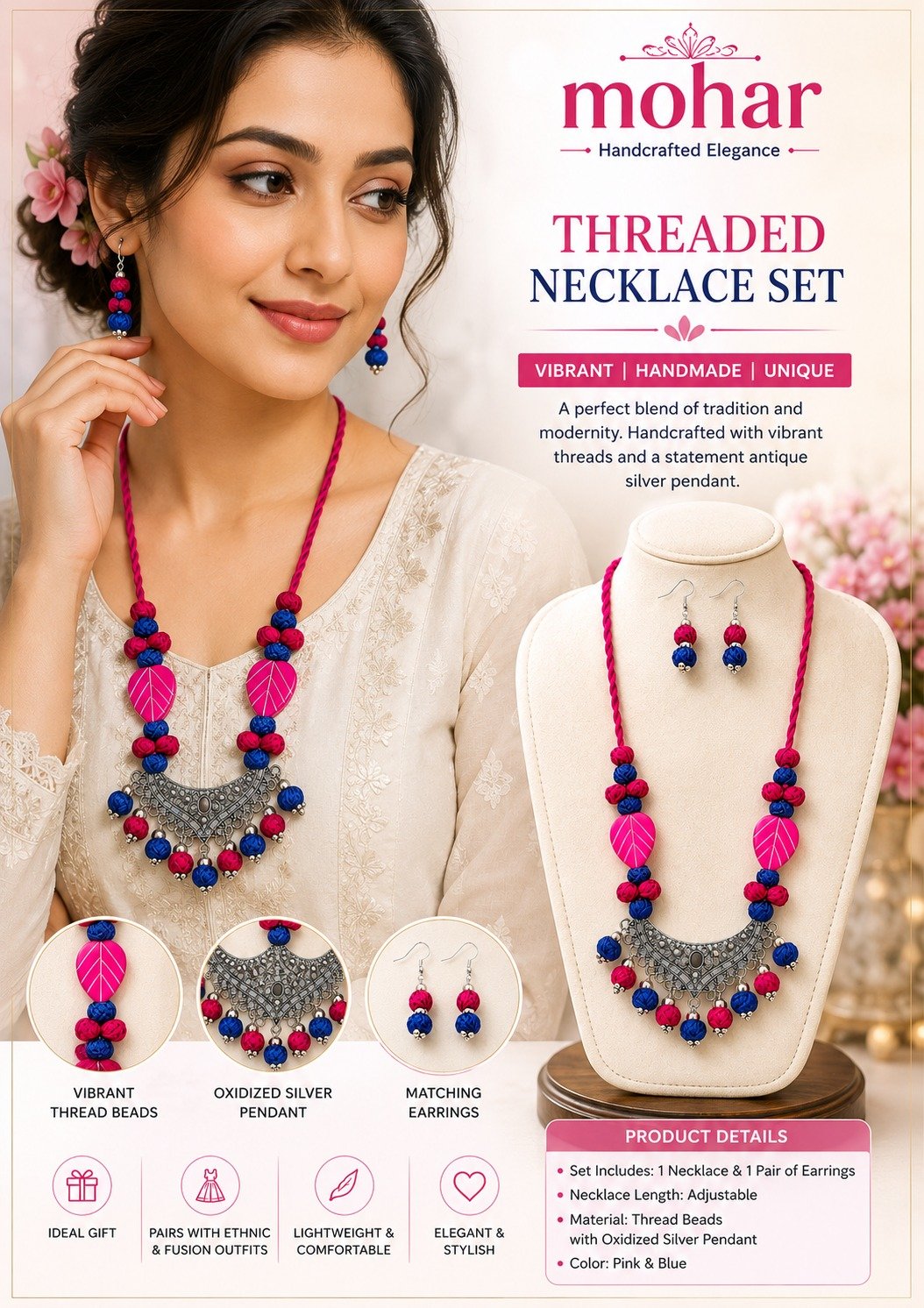 Threaded Necklace Set – Pink & Blue - Image 3