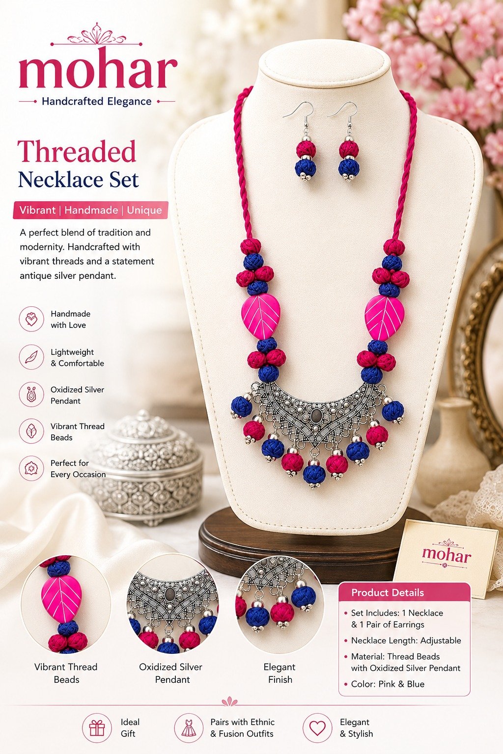 Threaded Necklace Set – Pink & Blue