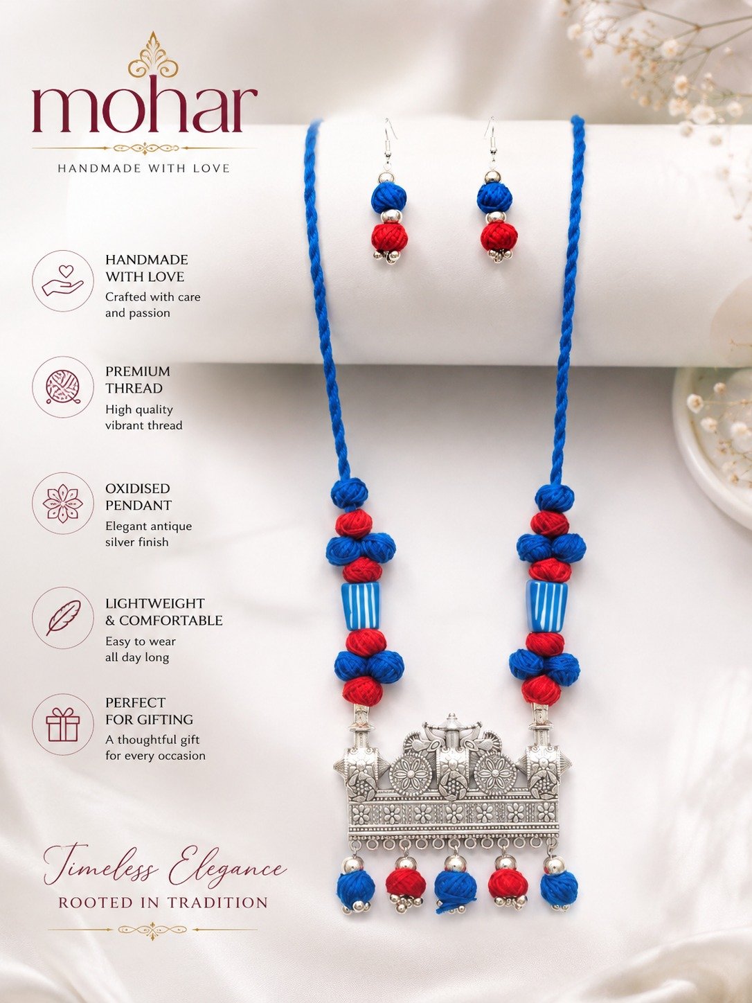 Handmade Thread Necklace Set – Royal Blue & Red - Image 3