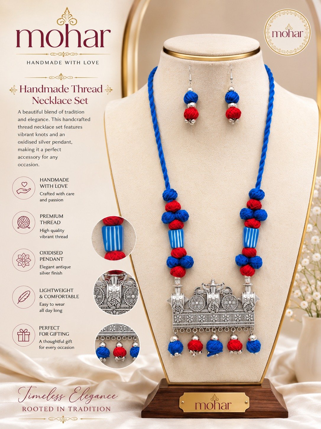 Handmade Thread Necklace Set – Royal Blue & Red - Image 2