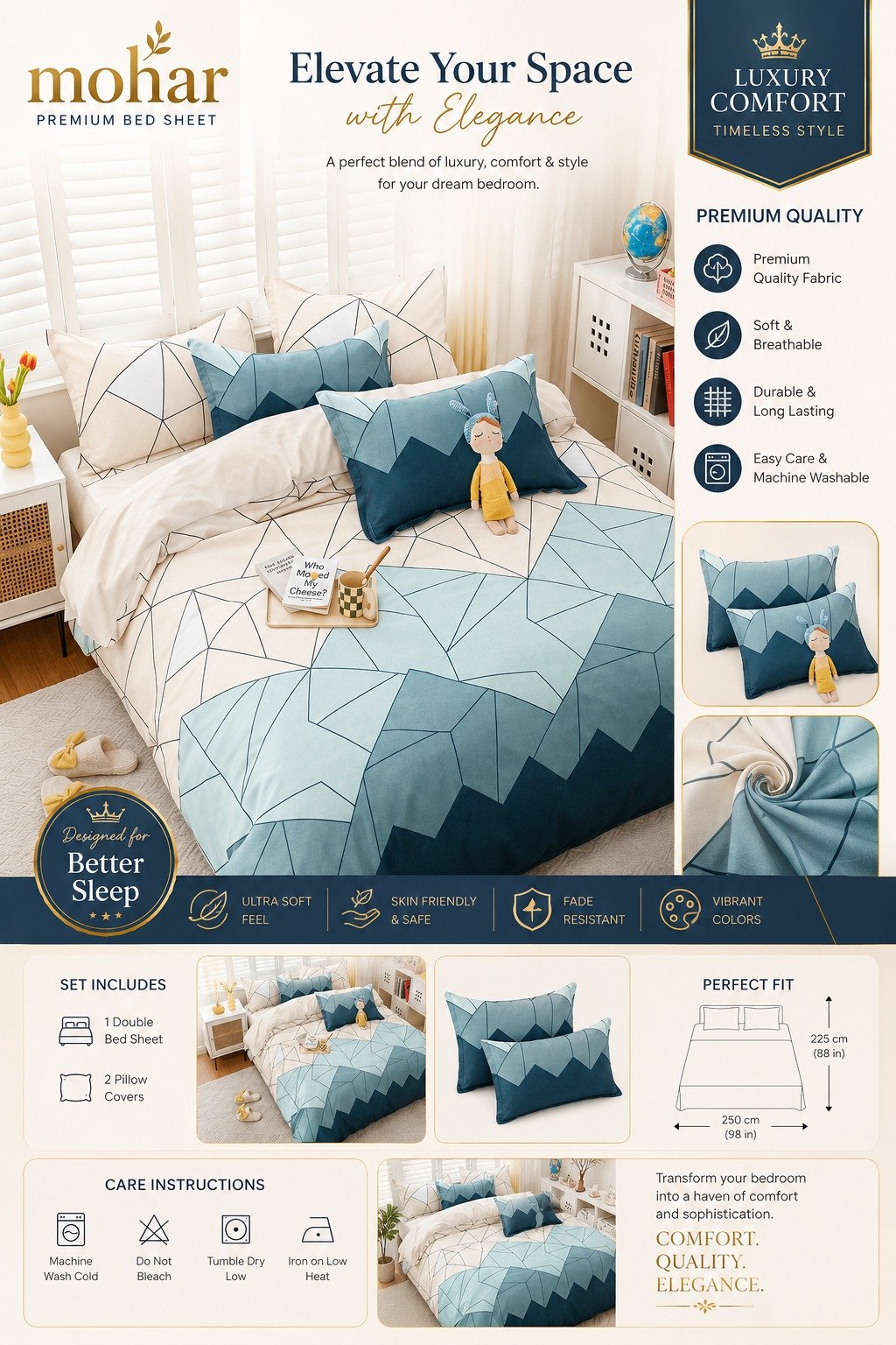Mohar Premium Double Bed Sheet Set – Geometric Blue Design