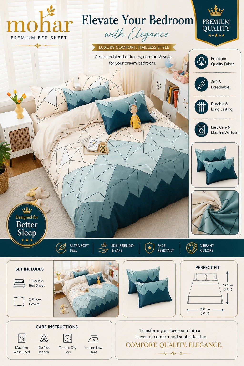 Mohar Premium Double Bed Sheet Set – Geometric Blue Design - Image 4
