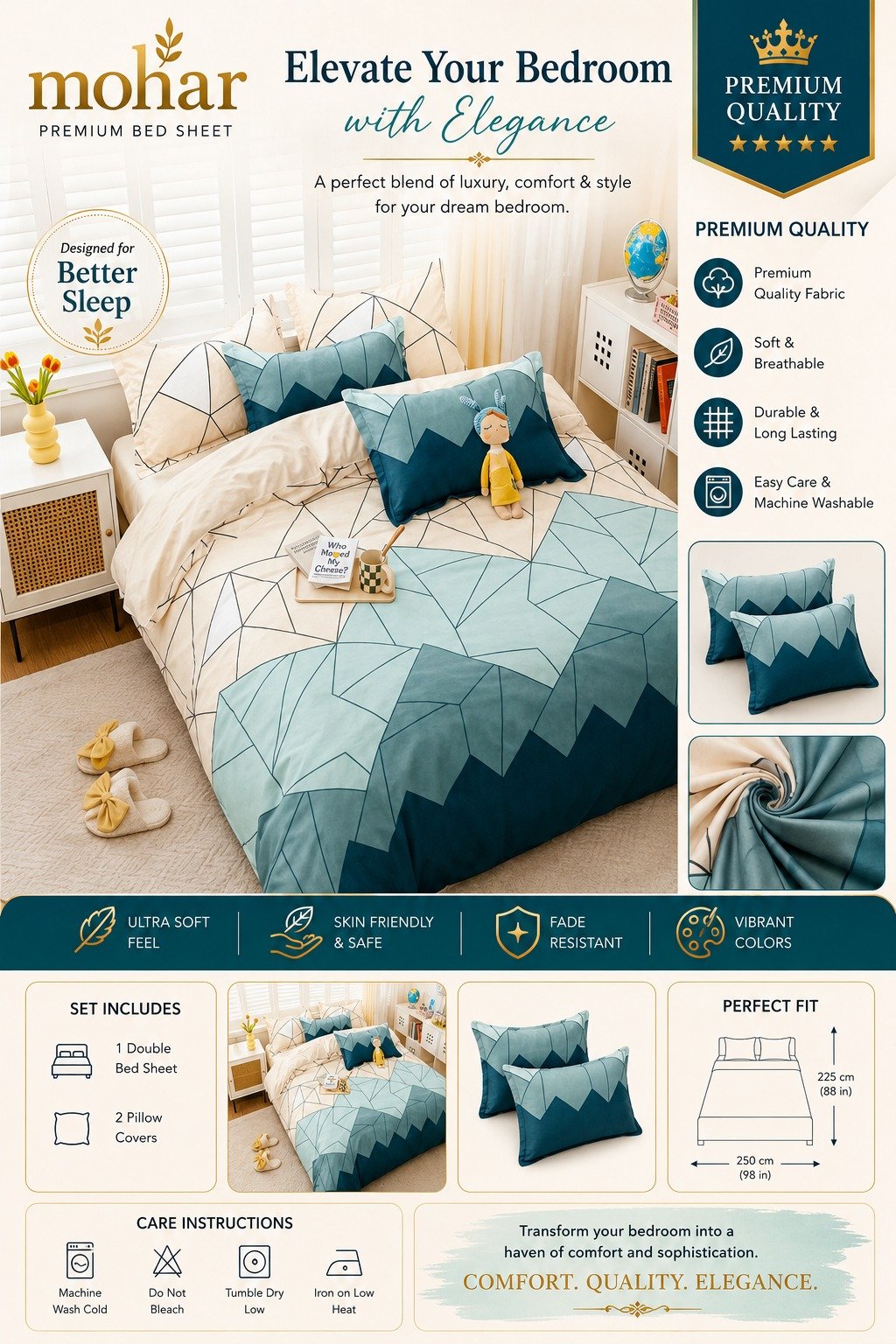 Mohar Premium Double Bed Sheet Set – Geometric Blue Design - Image 3