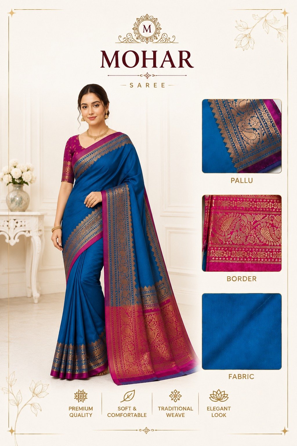 Traditional Woven Royal Blue Silk Blend Saree - Image 3