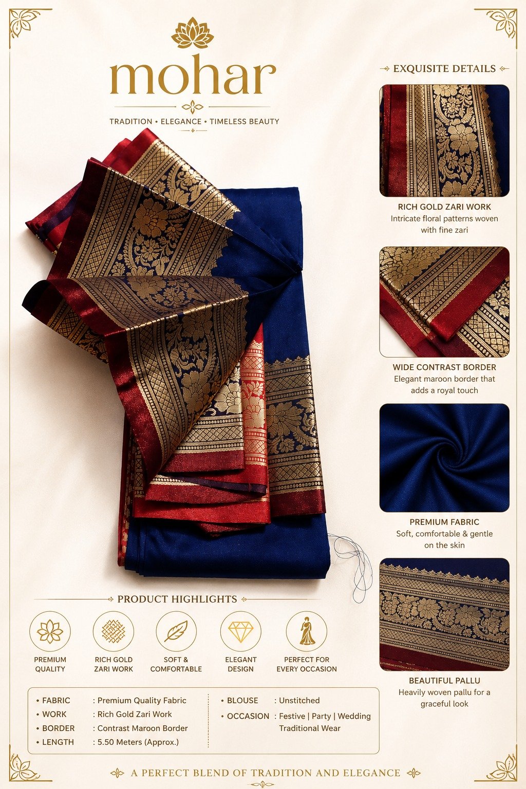 Mohar Premium Traditional Saree - Royal Navy Blue - Image 6