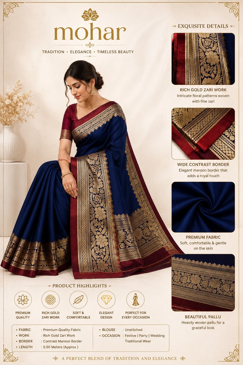 Mohar Premium Traditional Saree - Royal Navy Blue - Image 5