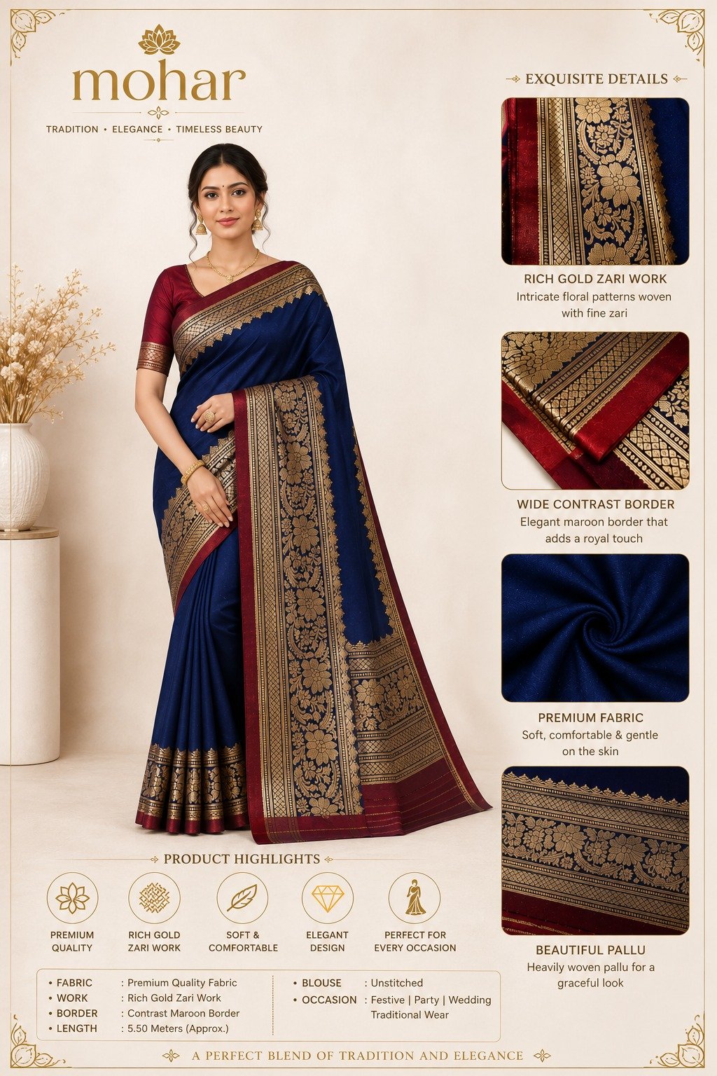 Mohar Premium Traditional Saree - Royal Navy Blue - Image 4