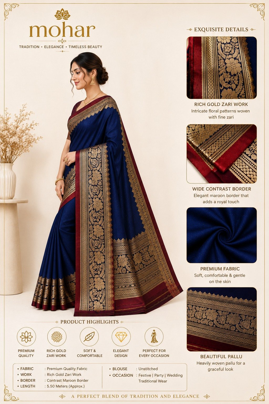 Mohar Premium Traditional Saree - Royal Navy Blue - Image 3
