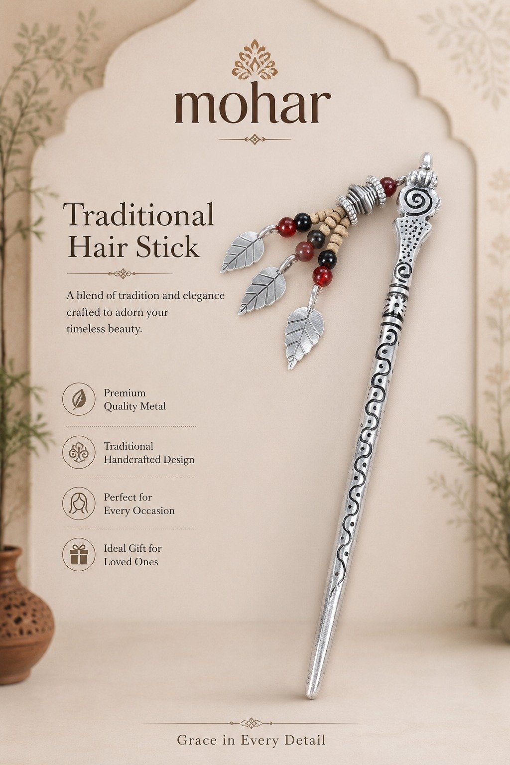 Mohar Traditional Hair Stick - Premium-Quality Metal - Image 2