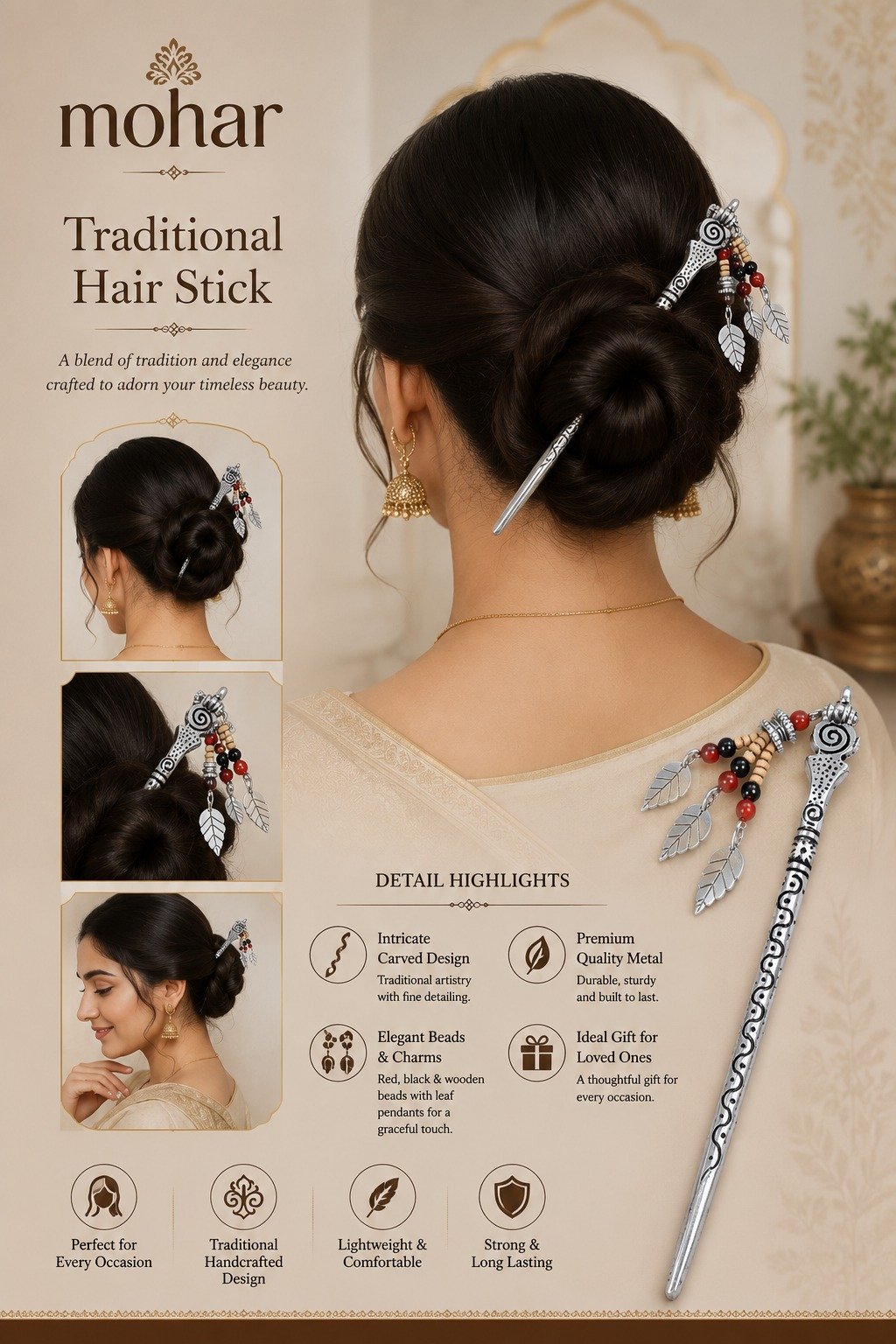 Mohar Traditional Hair Stick - Premium-Quality Metal - Image 3