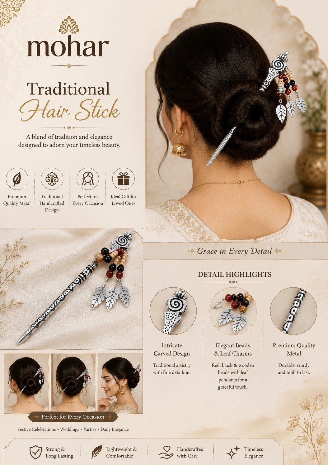 Mohar Traditional Hair Stick - Premium-Quality Metal - Image 4