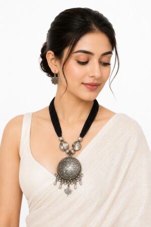 Handcrafted Antique Floral Pendant Necklace Set with Matching Earrings