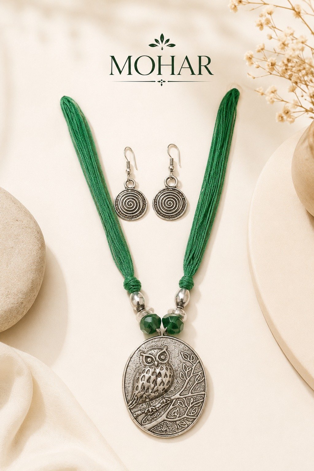 Handcrafted Owl Pendant Necklace Set with Matching Spiral Earrings