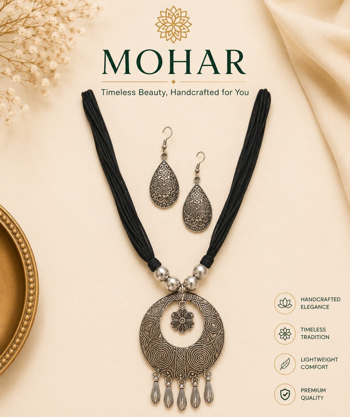 Handcrafted Antique Circular Pendant Necklace Set with Matching Earrings