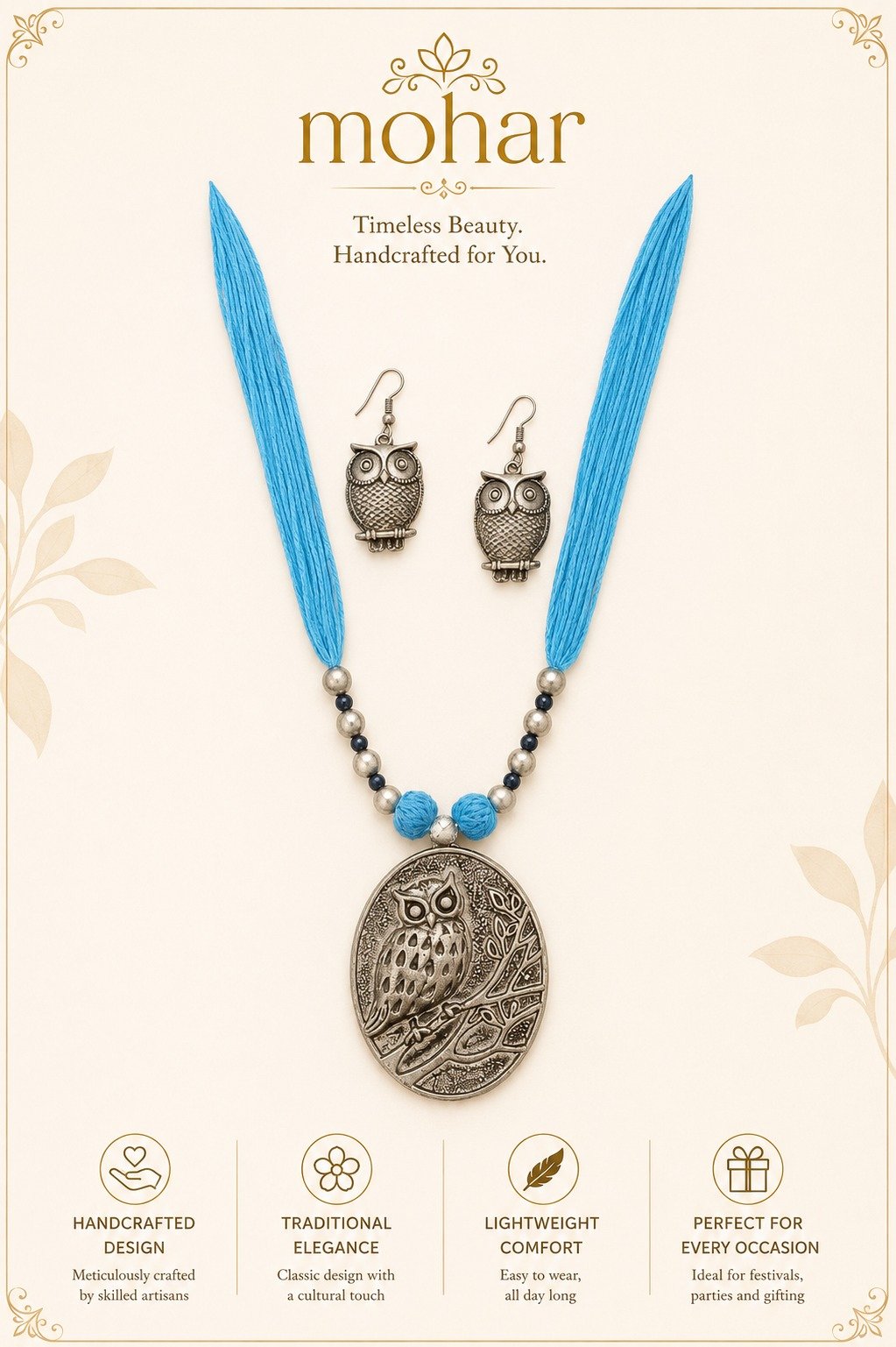 Handcrafted Owl Pendant Necklace Set