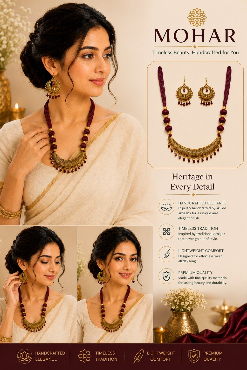 Handcrafted Antique Crescent Necklace Set with Matching Earrings
