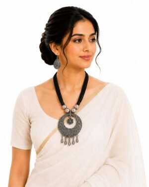 Handcrafted Antique Circular Pendant Necklace Set with Matching Earrings