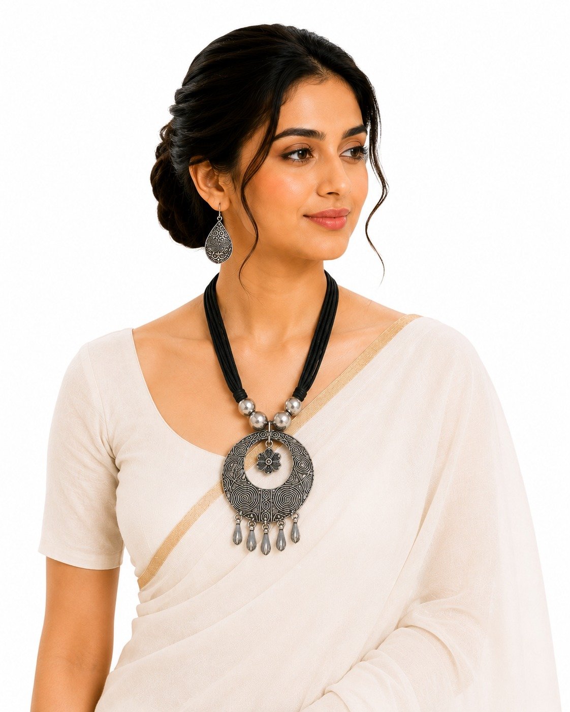 Handcrafted Antique Circular Pendant Necklace Set with Matching Earrings