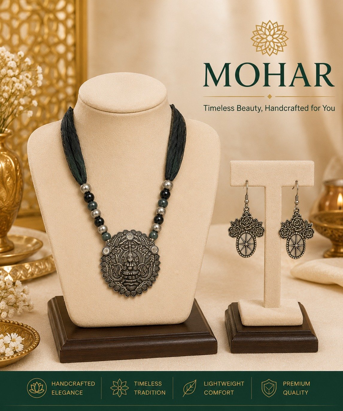 Handcrafted Antique Goddess Pendant Necklace Set with Matching Earrings - Image 5
